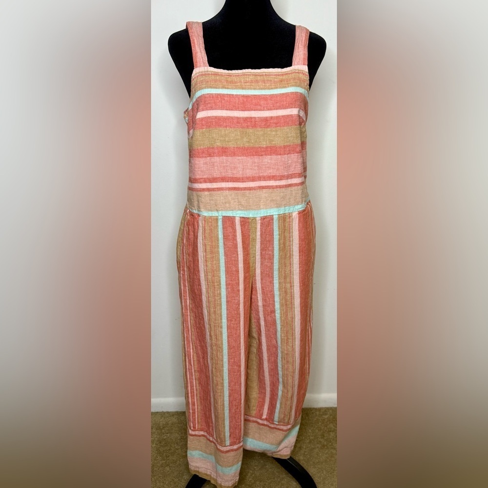 Beach lunch lounge preppy chic linen cotton striped summer romper pockets size 6